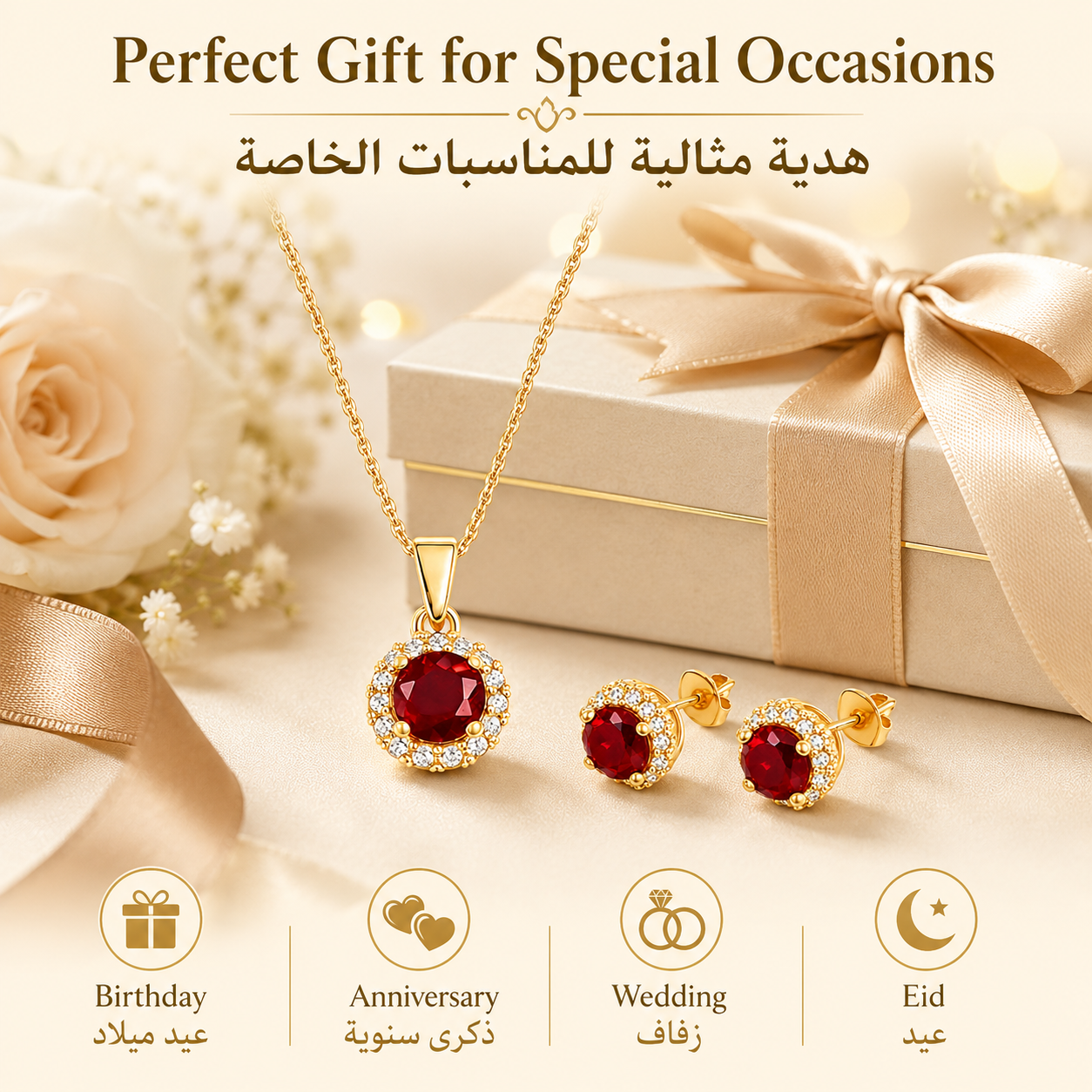 YAMEKER Ruby Red Halo CZ Necklace & Stud Earrings Set, Elegant Sparkle