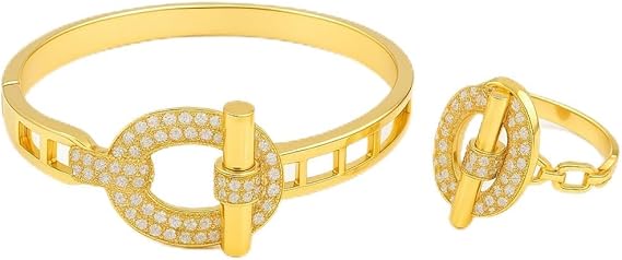 YAMEKER Gold Tone CZ Lock Bracelet & Ring Set for Women