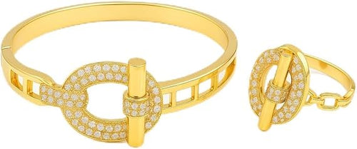 YAMEKER Gold Tone CZ Lock Bracelet & Ring Set for Women