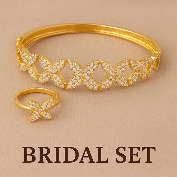 YAMEKER Gold-Plated CZ Leaf Cuff & Ring Set, Adjustable for Elegant Wear