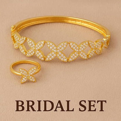 YAMEKER Gold-Plated CZ Leaf Cuff & Ring Set, Adjustable for Elegant Wear