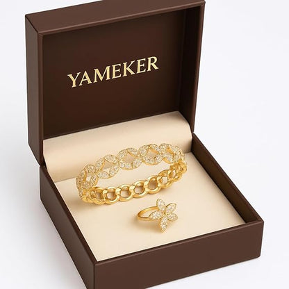 YAMEKER Gold-Plated CZ Leaf Cuff & Ring Set, Adjustable for Elegant Wear