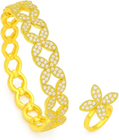 YAMEKER Gold-Plated CZ Leaf Cuff & Ring Set, Adjustable for Elegant Wear