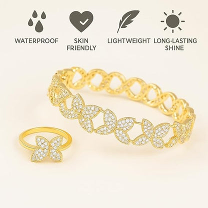 YAMEKER Gold-Plated CZ Leaf Cuff & Ring Set, Adjustable for Elegant Wear