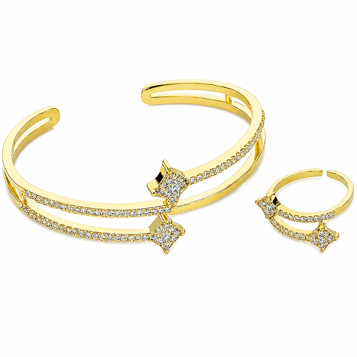 YAMEKER Gold-Plated Double-Line CZ Bangle & Ring Set, Adjustable Fit
