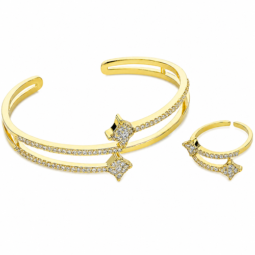 YAMEKER Gold-Plated Double-Line CZ Bangle & Ring Set, Adjustable Fit