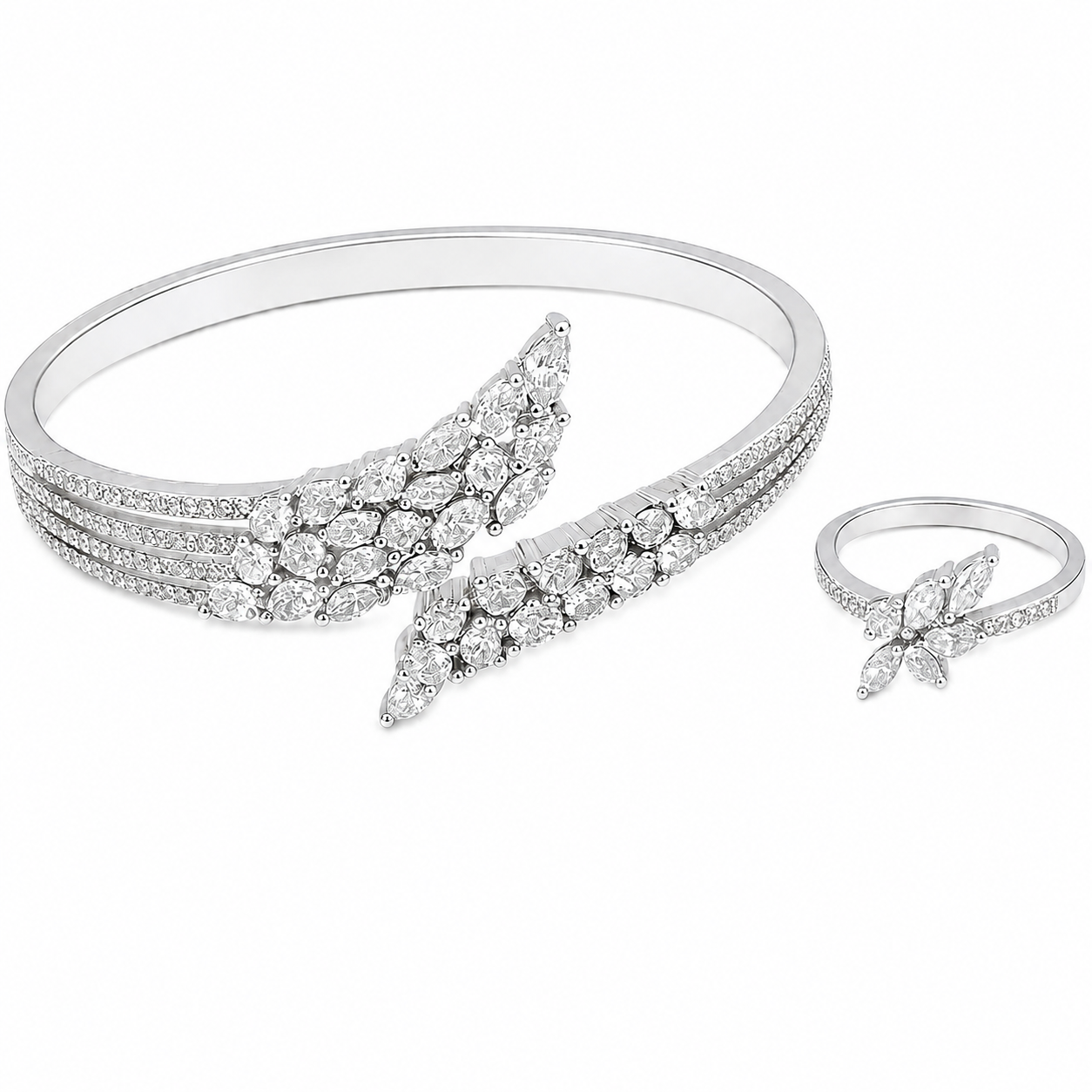 YAMEKER Fashion Jewellery Set for Women, Silver Leaf Bracelet and Ring