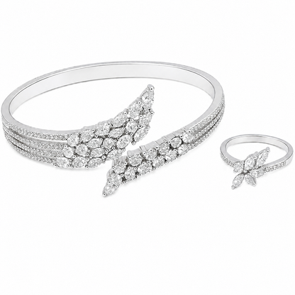 YAMEKER Fashion Jewellery Set for Women, Silver Leaf Bracelet and Ring