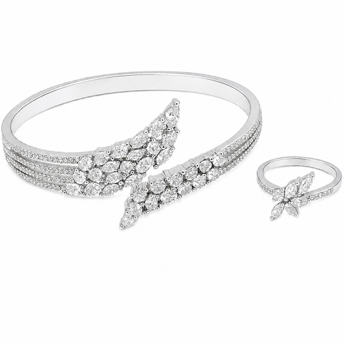 YAMEKER Fashion Jewellery Set for Women, Silver Leaf Bracelet and Ring