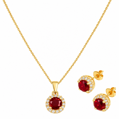 YAMEKER Ruby Red Halo CZ Necklace & Stud Earrings Set, Elegant Sparkle