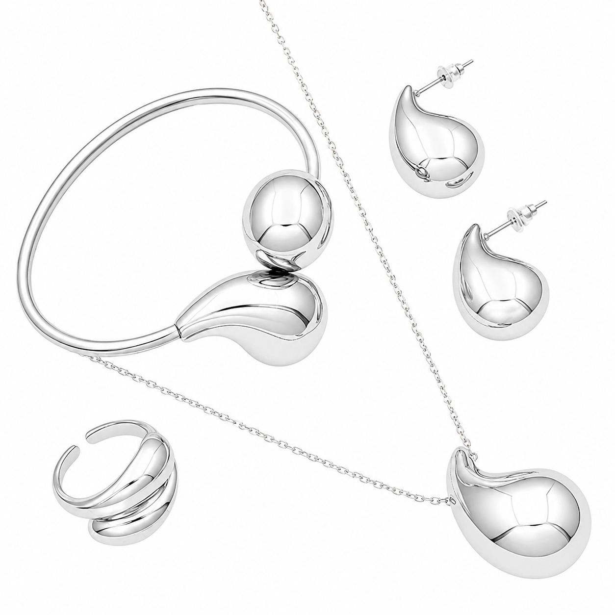 YAMEKER Silver-Tone Droplet Jewellery Set, 4-Piece Lightweight Elegance
