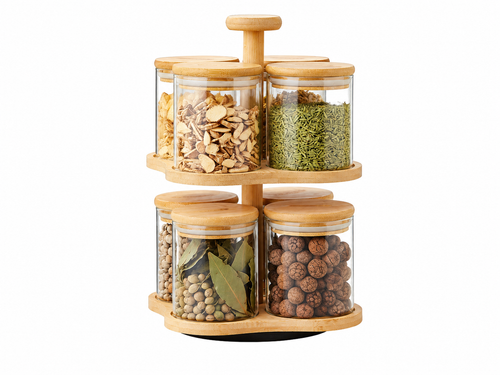 Rotating Spice Jar Rack with 8 Glass Jars and Bamboo Lids, 2 Tier Kitchen Spice Organizer Stand for Masala, Herbs, Tea, Coffee, Sugar, Nuts and Pantry Storage