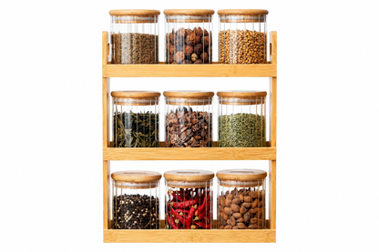 YAMEKER 3-Tier Bamboo Spice Rack Set with 9 Vertical Ribbed Borosilicate Glass Jars, Clear/Natural