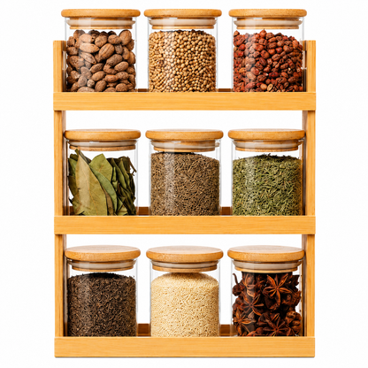 9-Piece Glass Spice Jar Set with Bamboo Lids and Wooden 3-Tier Rack | Airtight Kitchen Spice Organizer
