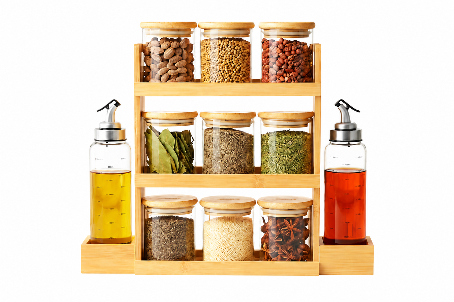 Bamboo Spice Rack Organizer with 9 Glass Spice Jars and 2 Oil Dispenser Bottles, 3 Tier Kitchen Countertop Storage Stand with Wooden Lids for Spices, Herbs, Masala, Condiments, Oil and Vinegar