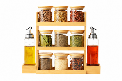 Bamboo Spice Rack Organizer with 9 Glass Spice Jars and 2 Oil Dispenser Bottles, 3 Tier Kitchen Countertop Storage Stand with Wooden Lids for Spices, Herbs, Masala, Condiments, Oil and Vinegar