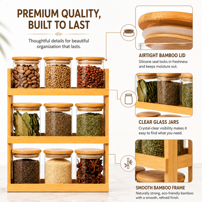 9-Piece Glass Spice Jar Set with Bamboo Lids and Wooden 3-Tier Rack | Airtight Kitchen Spice Organizer