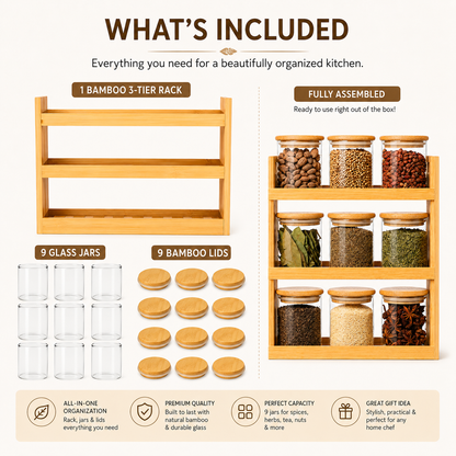 9-Piece Glass Spice Jar Set with Bamboo Lids and Wooden 3-Tier Rack | Airtight Kitchen Spice Organizer