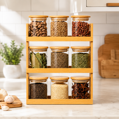 9-Piece Glass Spice Jar Set with Bamboo Lids and Wooden 3-Tier Rack | Airtight Kitchen Spice Organizer