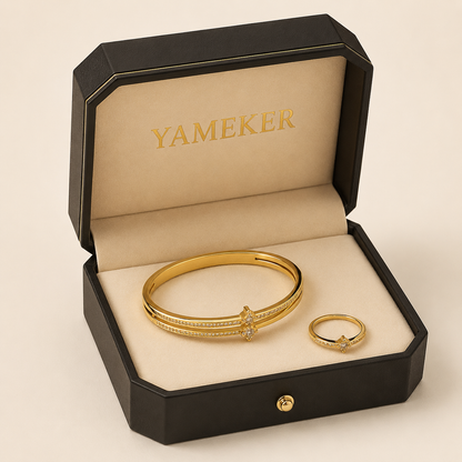 YAMEKER Gold-Plated Double-Line CZ Bangle & Ring Set, Adjustable Fit
