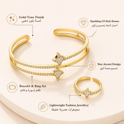 YAMEKER Gold-Plated Double-Line CZ Bangle & Ring Set, Adjustable Fit