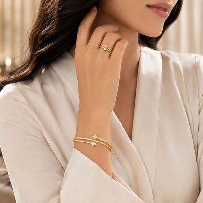 YAMEKER Gold-Plated Double-Line CZ Bangle & Ring Set, Adjustable Fit