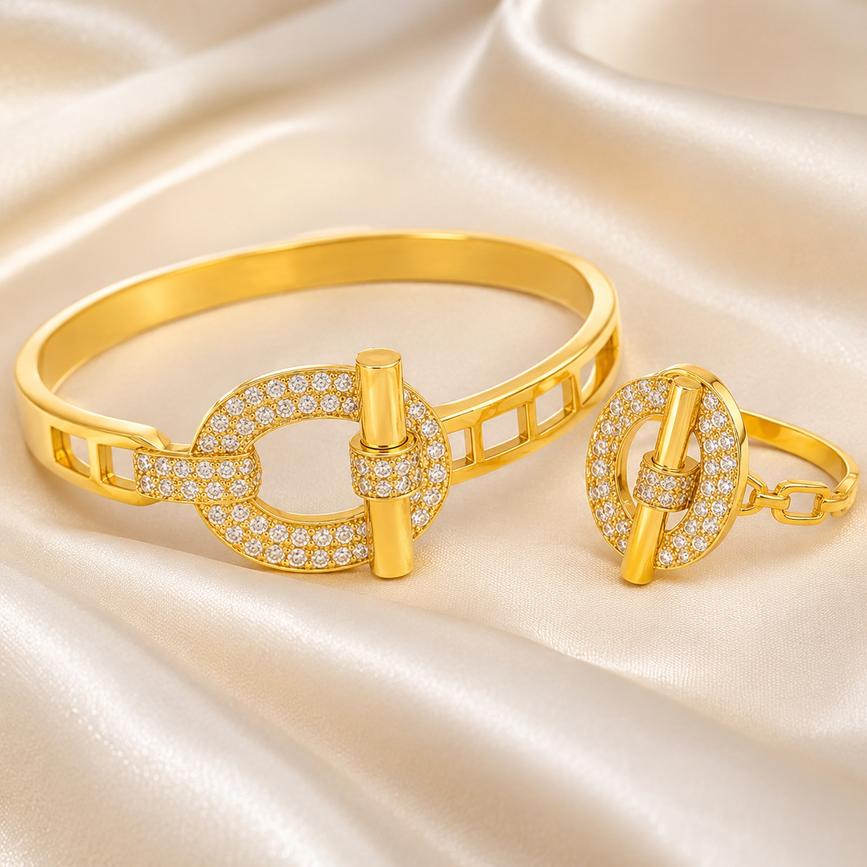 YAMEKER Gold Tone CZ Lock Bracelet & Ring Set for Women