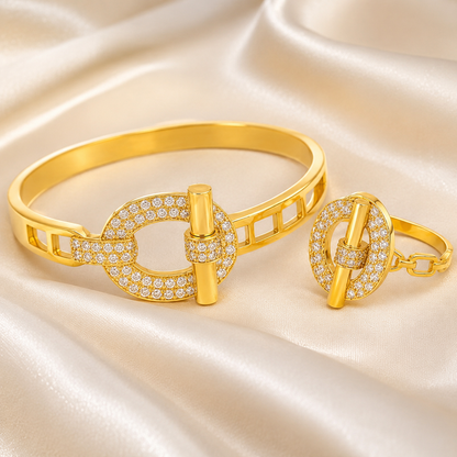YAMEKER Gold Tone CZ Lock Bracelet & Ring Set for Women