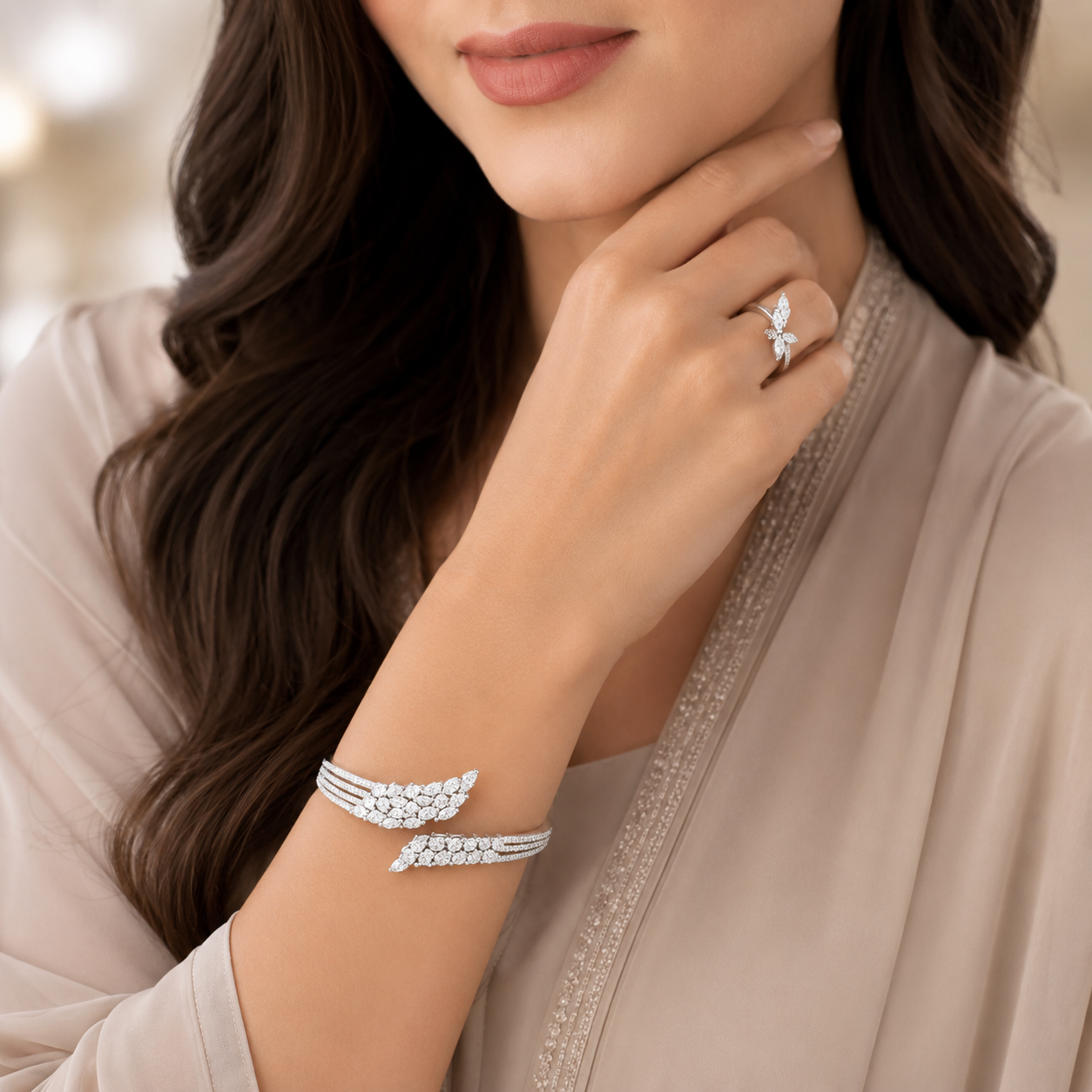 YAMEKER Fashion Jewellery Set for Women, Silver Leaf Bracelet and Ring