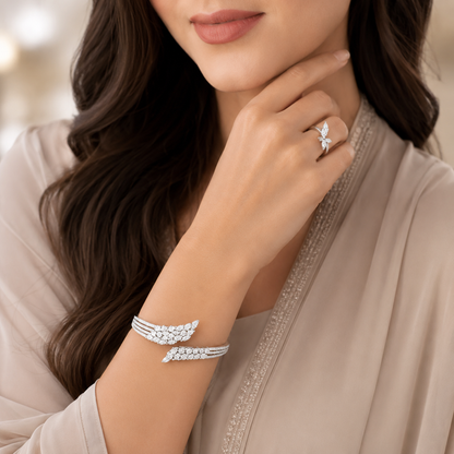 YAMEKER Fashion Jewellery Set for Women, Silver Leaf Bracelet and Ring