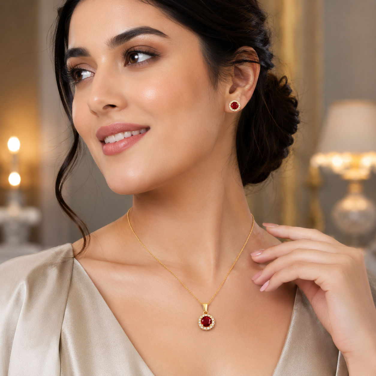 YAMEKER Ruby Red Halo CZ Necklace & Stud Earrings Set, Elegant Sparkle