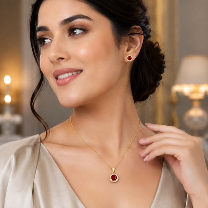 YAMEKER Ruby Red Halo CZ Necklace & Stud Earrings Set, Elegant Sparkle