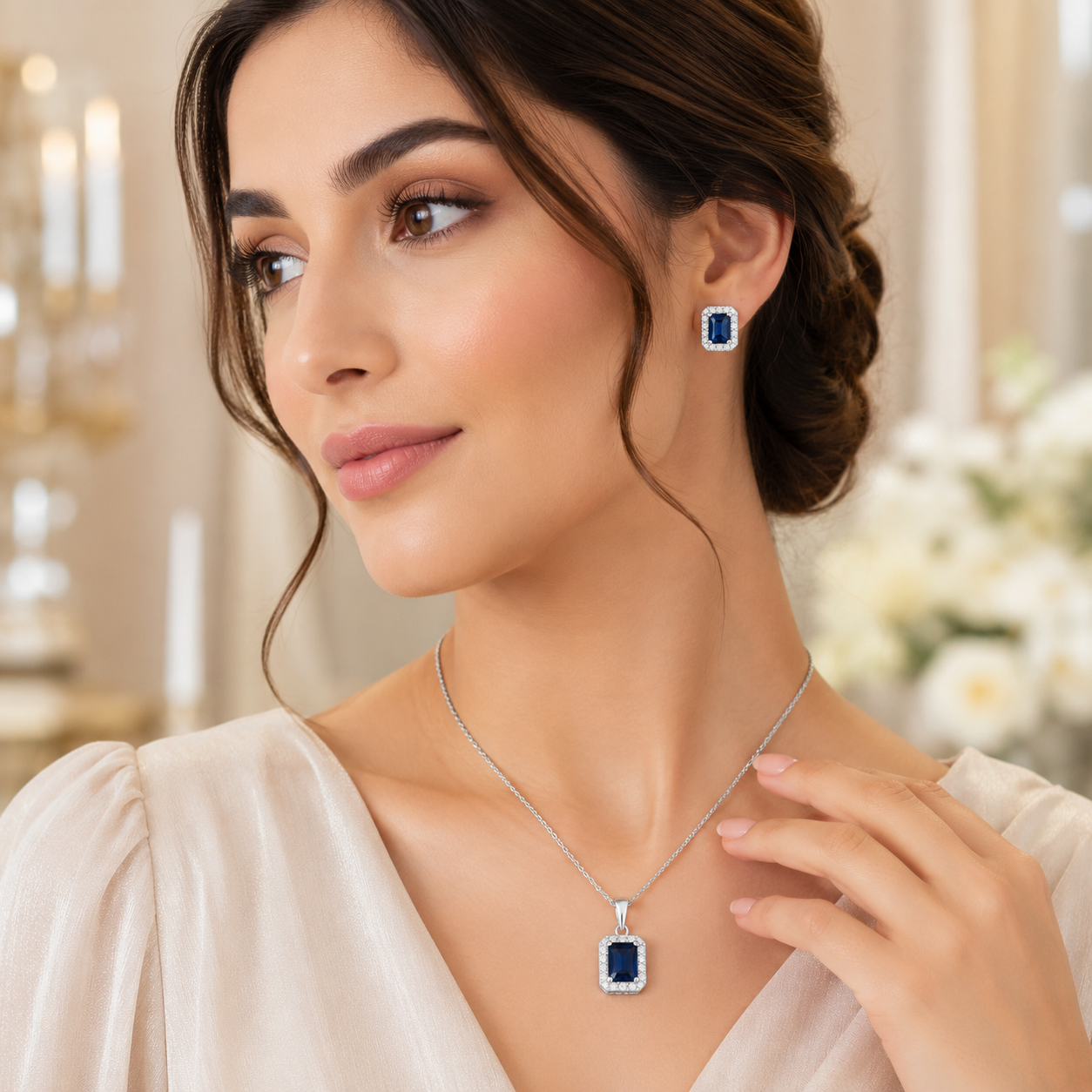 YAMEKER Blue CZ Necklace & Earrings Set, 2-Piece Silver-Tone Elegance