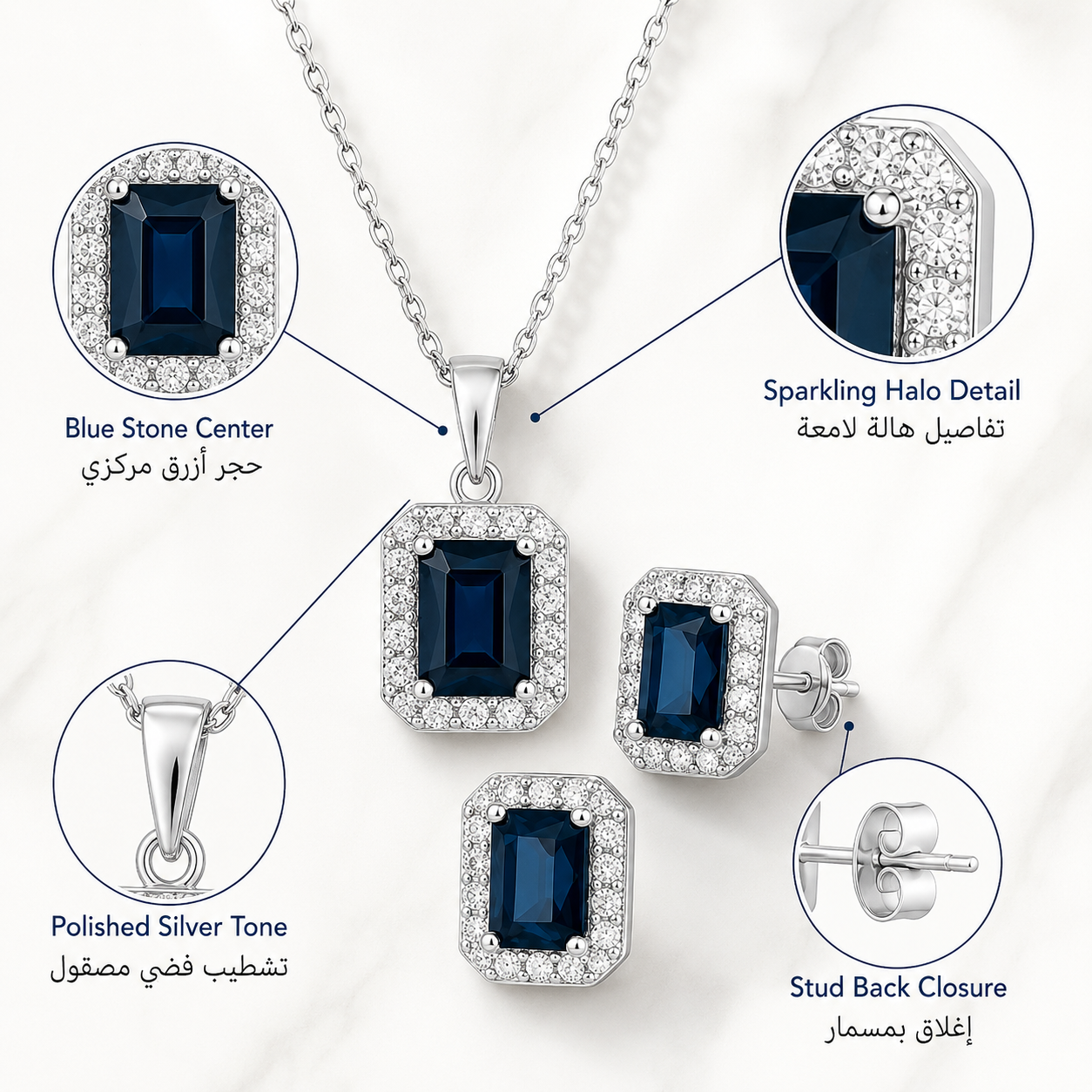 YAMEKER Blue CZ Necklace & Earrings Set, 2-Piece Silver-Tone Elegance
