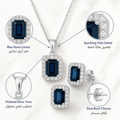 YAMEKER Blue CZ Necklace & Earrings Set, 2-Piece Silver-Tone Elegance