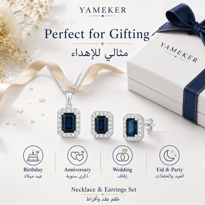 YAMEKER Blue CZ Necklace & Earrings Set, 2-Piece Silver-Tone Elegance