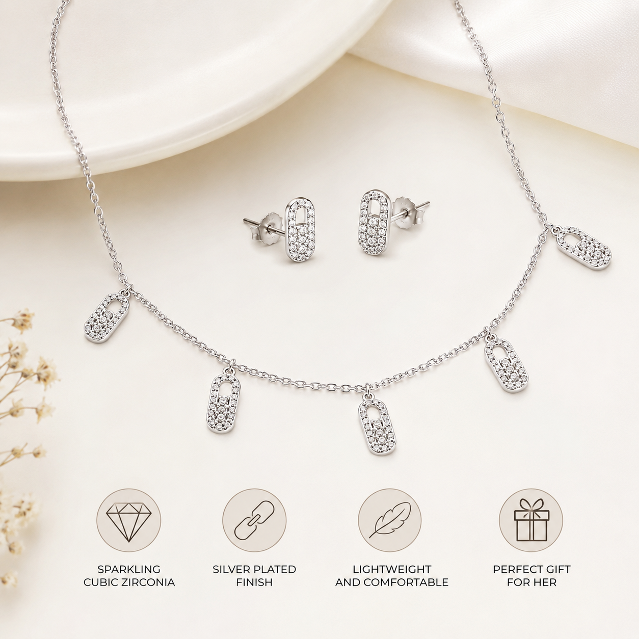 YAMEKER Silver-Plated CZ Charm Necklace & Stud Earrings Set for Women