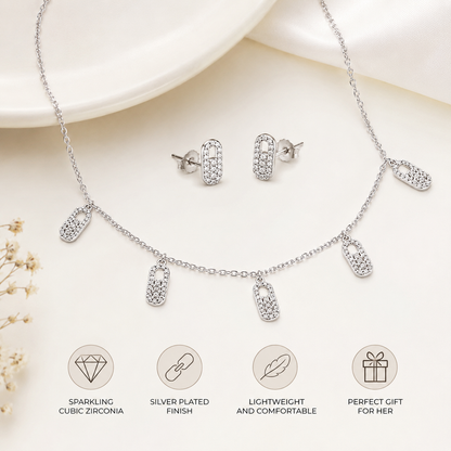 YAMEKER Silver-Plated CZ Charm Necklace & Stud Earrings Set for Women
