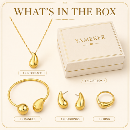 YAMEKER Gold-Plated Droplet Jewellery Set, 4-Piece Gift for Women