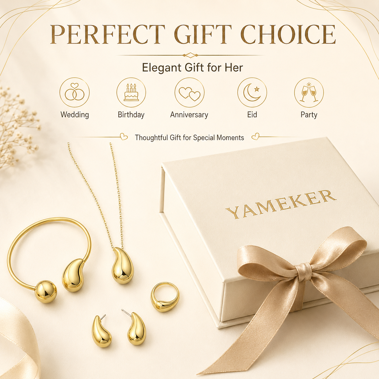YAMEKER Gold-Plated Droplet Jewellery Set, 4-Piece Gift for Women