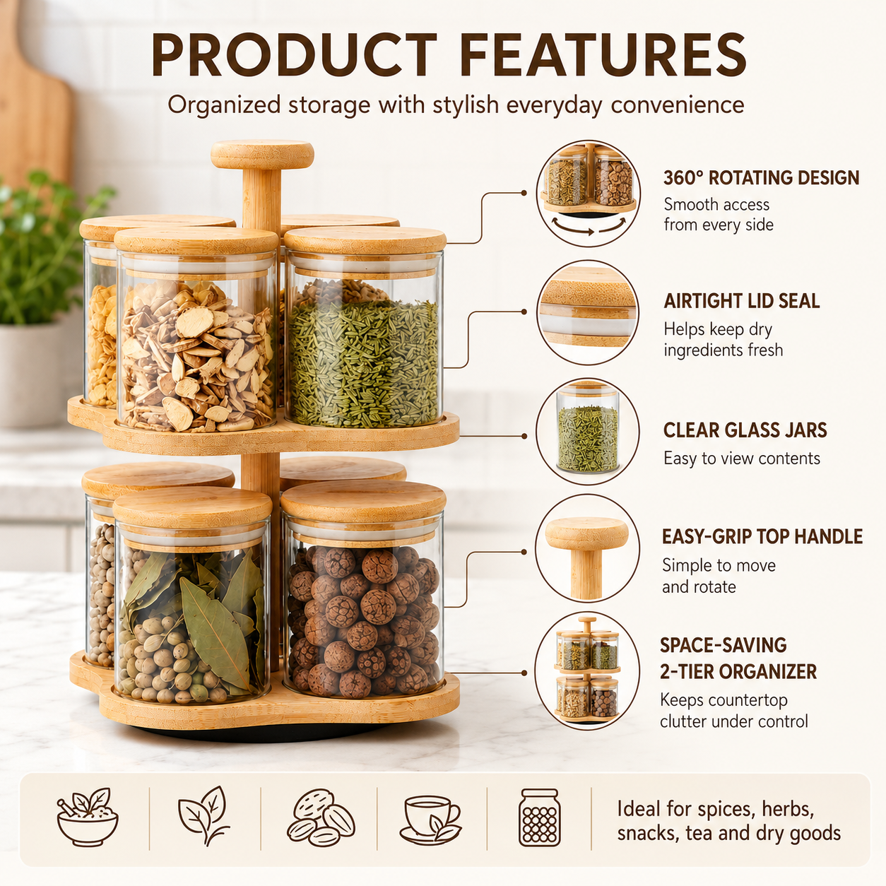 Rotating Spice Jar Rack with 8 Glass Jars and Bamboo Lids, 2 Tier Kitchen Spice Organizer Stand for Masala, Herbs, Tea, Coffee, Sugar, Nuts and Pantry Storage