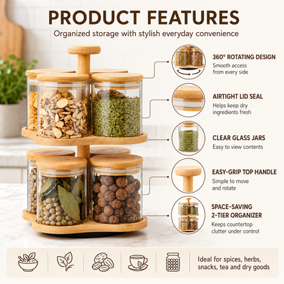 Rotating Spice Jar Rack with 8 Glass Jars and Bamboo Lids, 2 Tier Kitchen Spice Organizer Stand for Masala, Herbs, Tea, Coffee, Sugar, Nuts and Pantry Storage