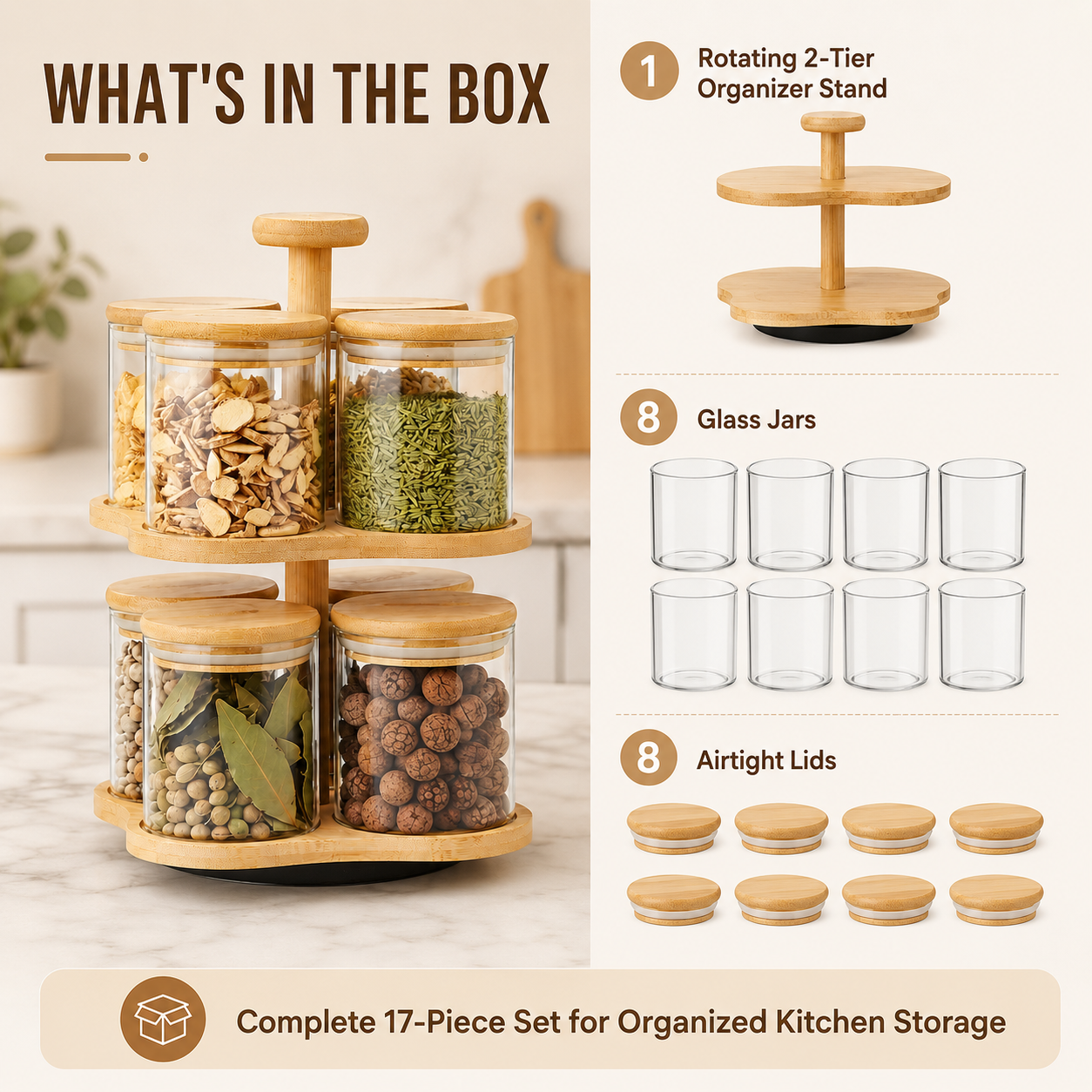 Rotating Spice Jar Rack with 8 Glass Jars and Bamboo Lids, 2 Tier Kitchen Spice Organizer Stand for Masala, Herbs, Tea, Coffee, Sugar, Nuts and Pantry Storage