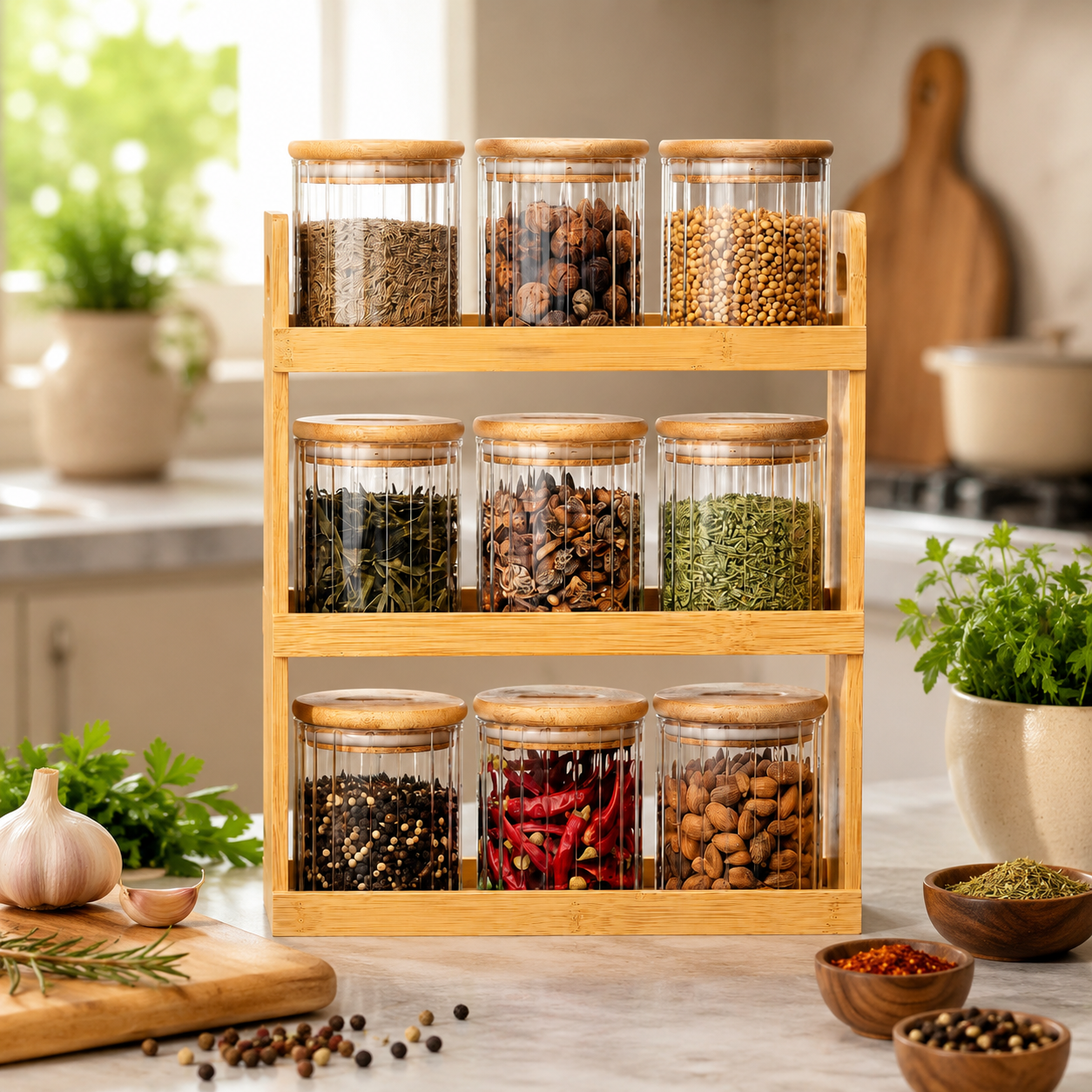 YAMEKER 3-Tier Bamboo Spice Rack Set with 9 Vertical Ribbed Borosilicate Glass Jars, Clear/Natural