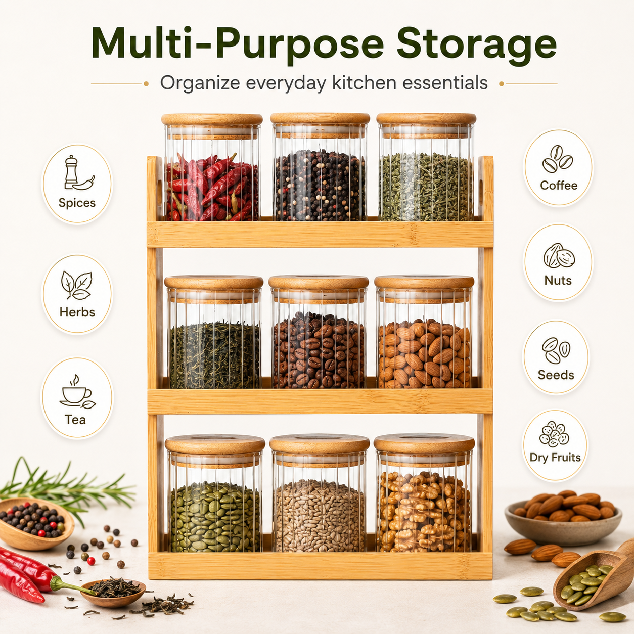 YAMEKER 3-Tier Bamboo Spice Rack Set with 9 Vertical Ribbed Borosilicate Glass Jars, Clear/Natural