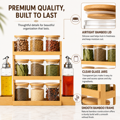 Bamboo Spice Rack Organizer with 9 Glass Spice Jars and 2 Oil Dispenser Bottles, 3 Tier Kitchen Countertop Storage Stand with Wooden Lids for Spices, Herbs, Masala, Condiments, Oil and Vinegar