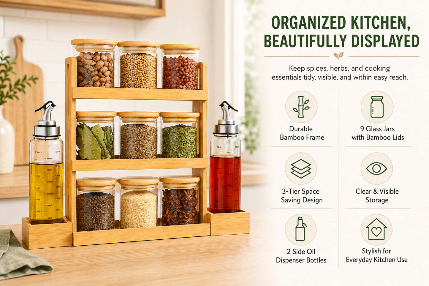 Bamboo Spice Rack Organizer with 9 Glass Spice Jars and 2 Oil Dispenser Bottles, 3 Tier Kitchen Countertop Storage Stand with Wooden Lids for Spices, Herbs, Masala, Condiments, Oil and Vinegar