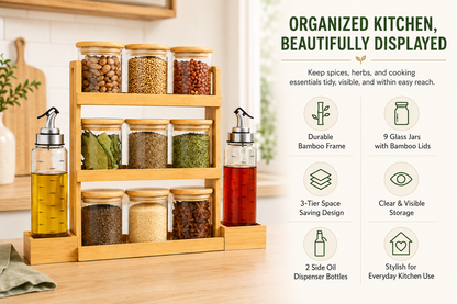 Bamboo Spice Rack Organizer with 9 Glass Spice Jars and 2 Oil Dispenser Bottles, 3 Tier Kitchen Countertop Storage Stand with Wooden Lids for Spices, Herbs, Masala, Condiments, Oil and Vinegar