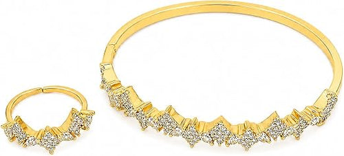 Gold Plated Cuff Bracelet & Ring Set for Women | Adjustable Star Cluster CZ Jewellery | Elegant Party Wear Bangle & Ring Combo | Fashion Gift for Wedding, Engagement & Ramadan Eid