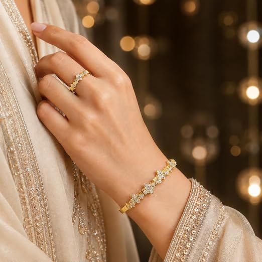 Gold Plated Cuff Bracelet & Ring Set for Women | Adjustable Star Cluster CZ Jewellery | Elegant Party Wear Bangle & Ring Combo | Fashion Gift for Wedding, Engagement & Ramadan Eid